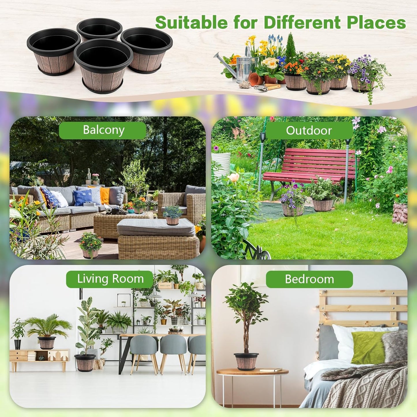 Quarut 4 Pack 10 inch Plant Pots,Upgrade Whiskey Barrel Planters with Drainage Holes & Saucer,Plastic Decoration Flower Pots Retro Design,Planters for Outdoor Indoor Garden Home Plants (Brown)