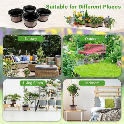 Quarut 4 Pack 10 inch Plant Pots,Upgrade Whiskey Barrel Planters with Drainage Holes & Saucer,Plastic Decoration Flower Pots Retro Design,Planters for Outdoor Indoor Garden Home Plants (Brown)