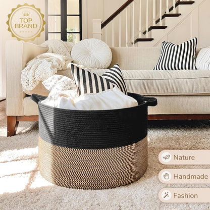 INDRESSME XXXLarge Blanket Basket for Living Room 21.7" x 21.7" x 13.8"-Storage Basket with Handle for Organizing Toy Pillows Woven Cotton Rope Laundry Basket Stuffed Animal Toy Storage for Play Room