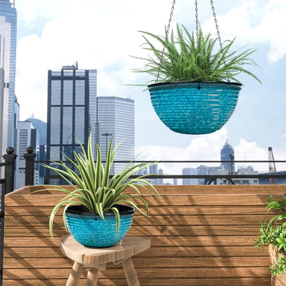 Vanslogreen 2 Pack Hanging Planters for Indoor Outdoor Plants, 10 Inch Hanging Planter with Drainage Hole & Plug Glazed Hanging Baskets Flower Pots for Garden Home (Blue)