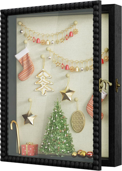 Love-KANKEI Shadow Box Frame 11x14, Deep Large Shadow Box Display Case with Unique Beads Door and Glass Window, Wood Memory Box for Pictures,Medals,Memorabilia,Collections White
