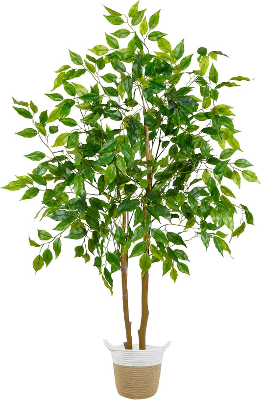 Warmplants Artificial Ficus Tree, 7ft Silk Fake Ficus Leaves Plant with Basket, Indoor Outdoor Faux Green Tree for Home Garden Office House Livingroom Décor