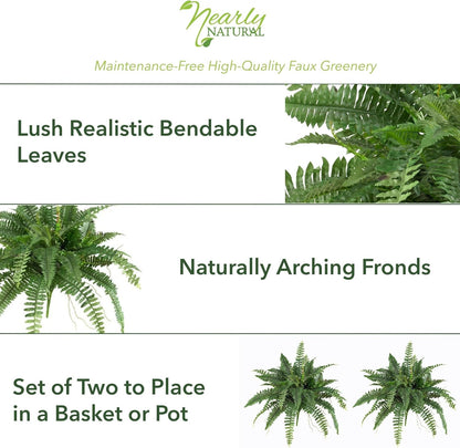 Nearly Natural 48in Artificial Boston Fern (Set of 2), Large Faux Greenery with 67 Lifelike Fronds for Indoor Wall, Shelf, and Home Office Decor