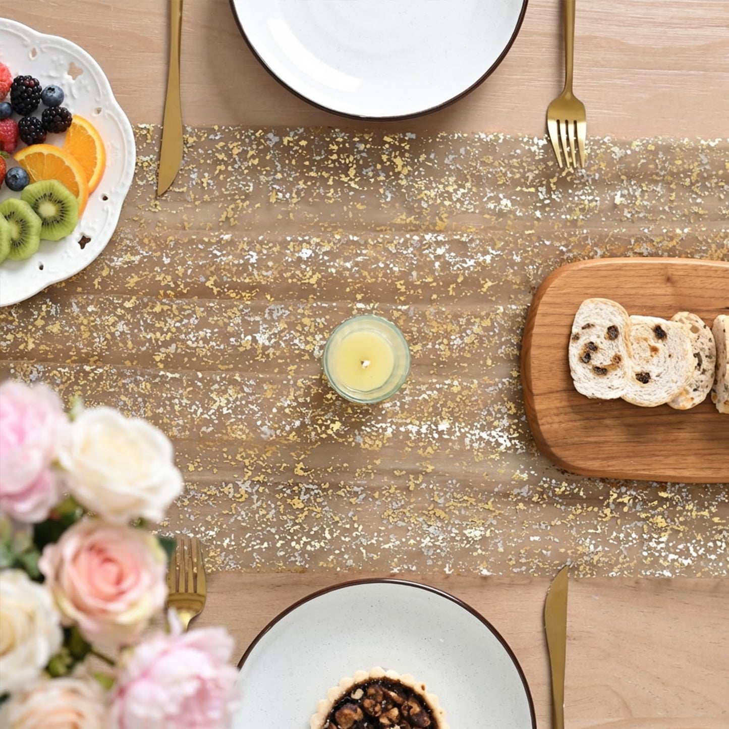 Artoid Mode Beige Gold Gauze Table Runner 120 Inch 10FT, Glitter Metallic Foil Sheer Dining Wedding Anniversary Holiday Birthday Table Decor for Home Party