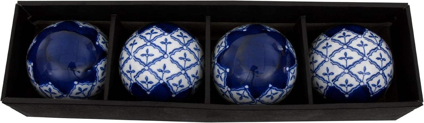 Red Lantern 4" Porcelain Ball Set - Set of 4 Decorative Balls, Red and Beige Vines