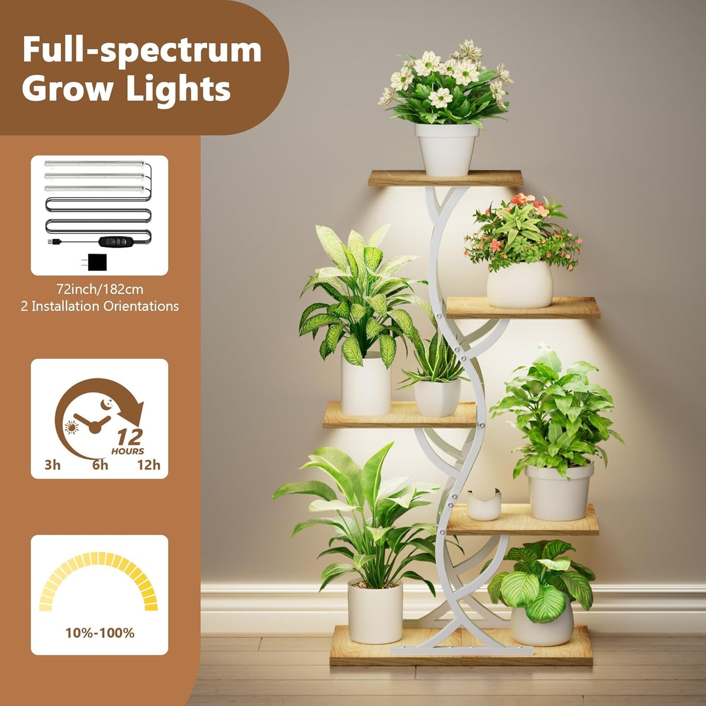 Plant Stand Indoor with Grow Lights - 44" Tall Corner Plant Stands for Indoor Plants, 5 Tiered Metal Plant Shelf, Curved Plant Flower Holder Dispaly Rack for Living Room, Home Patio Balcony (Black)
