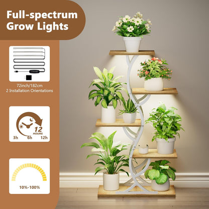 Plant Stand Indoor with Grow Lights - 44" Tall Corner Plant Stands for Indoor Plants, 5 Tiered Metal Plant Shelf, Curved Plant Flower Holder Dispaly Rack for Living Room, Home Patio Balcony (Black)