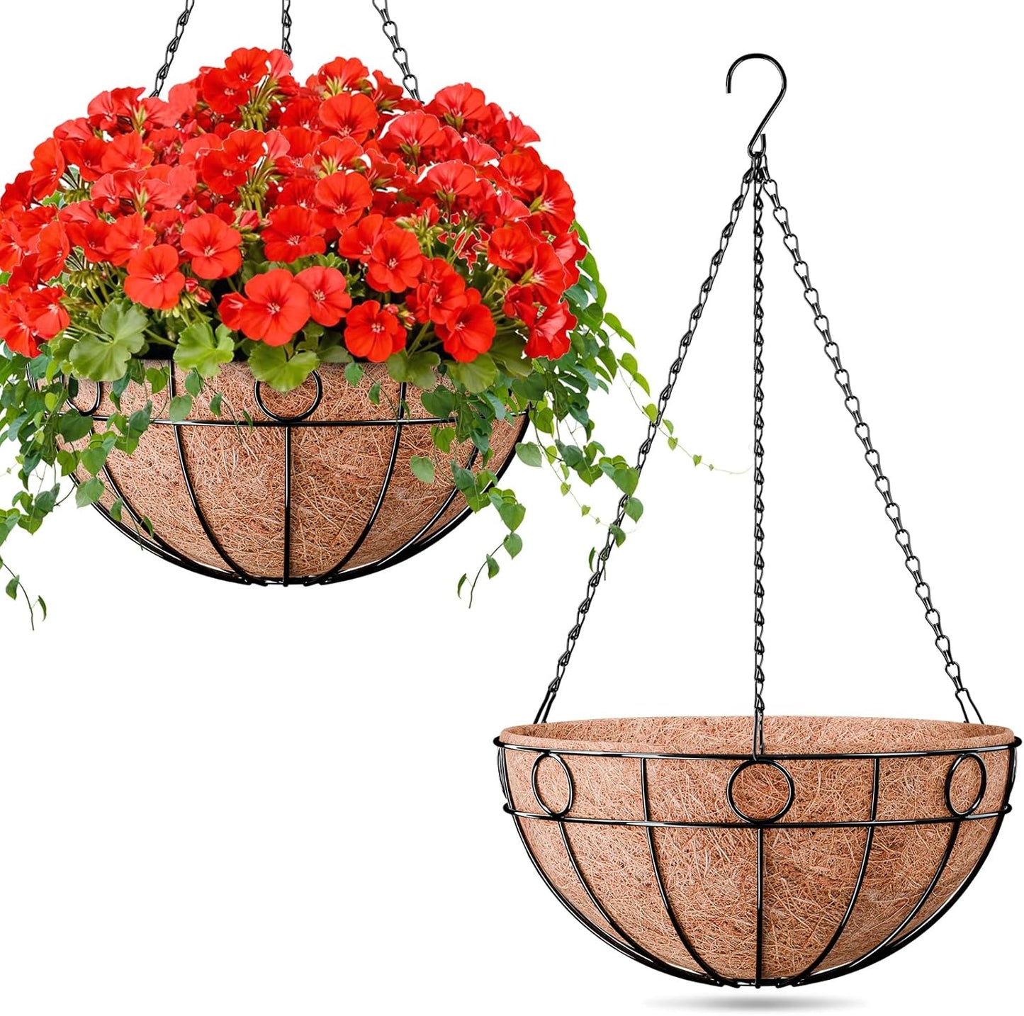 ZeeDix 2 Pack Round Hanging Baskets for Plants Outdoor, 12 Inch Metal Wire Planter Basket with Coco Liner, Hanging Flower Pots for Garden Yard Patio Porch Balcony Decor