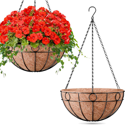 ZeeDix 2 Pack Round Hanging Baskets for Plants Outdoor, 12 Inch Metal Wire Planter Basket with Coco Liner, Hanging Flower Pots for Garden Yard Patio Porch Balcony Decor