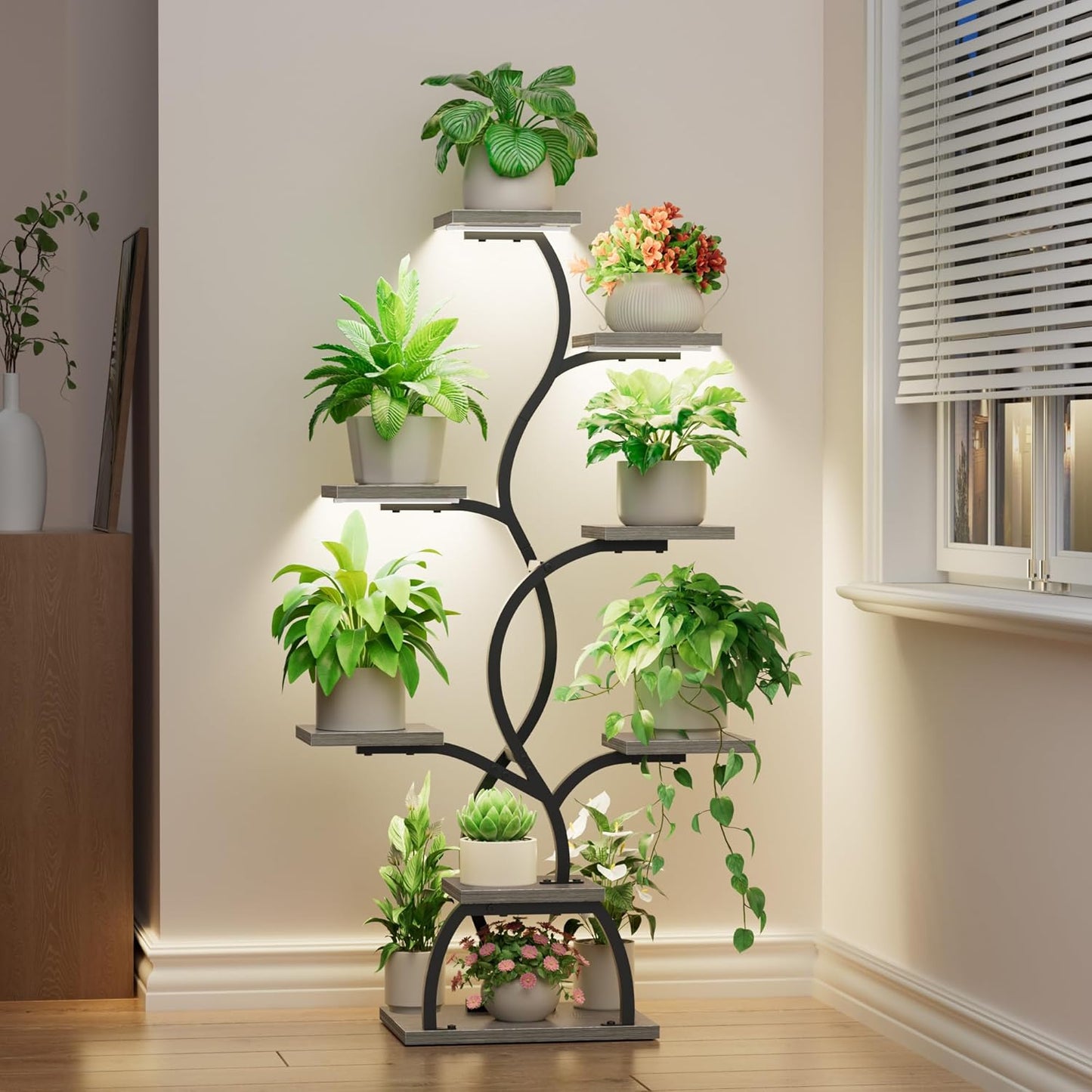 EVAWOO Plant Stand Indoor with Grow Light - 8 Tiered Plant Shelf Indoor, Corner Plant Stand, 49" Tall Plant Shelf with Lights for Indoor Growing, Lighted Flower Holder for Living Room, Balcony, Black