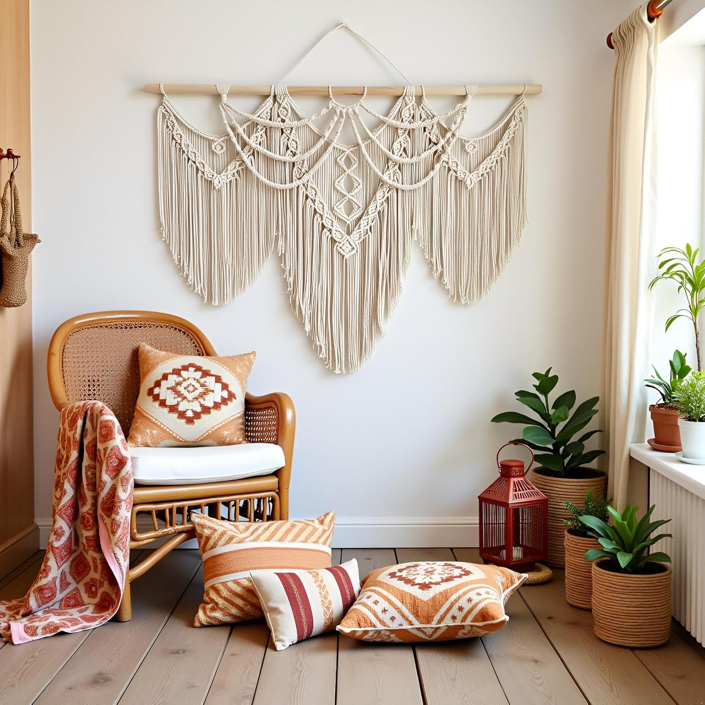 guzhiou large macrame wall hanging - Boho Tapestry Macrame Wall Decor Art- Chic Bohemian Handmade Woven Tapestry Home Decoration for Bedroom Living Room Apartment Wedding Party - 43"x32" (Wood bead)