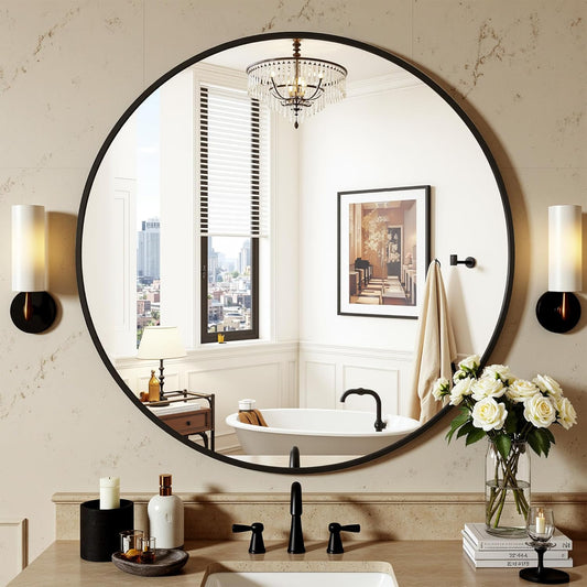 Antok 30 Inch Round Mirror for Wall, Round Bathroom Mirror, Circle Wall Mirrors with Black Metal Frame, Circle Mirrors Suitable for Wall, Bathroom, Vanity, Living Room, Entryway