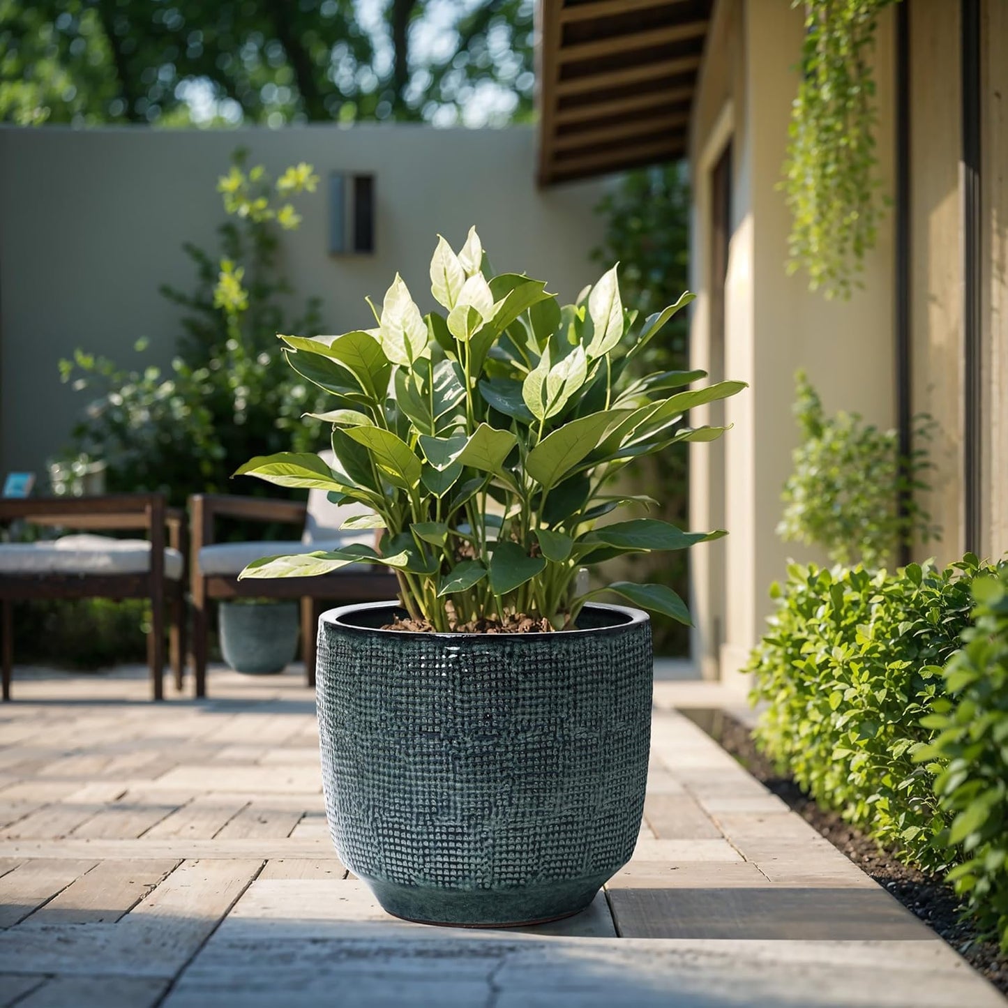 LuxenHome 15.75" Dia Large Ceramic Pots for Plants, Blue Glazed Planters for Outdoor Plants, Round Indoor Flower Pots with Drainage Hole and Rubber Plug for Home Garden Patio