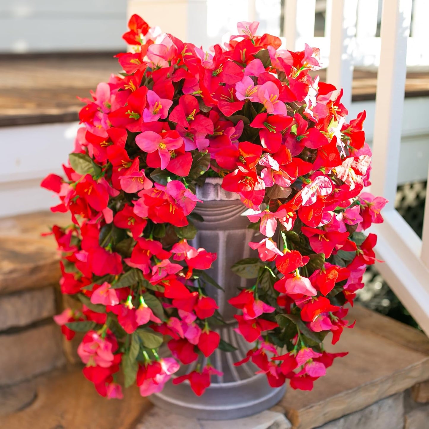 Faux Bougainvillea Artificial Flowers Plants for Outdoor Outside Decoration, 2 PCS Red Fake Flowers UV Resistant Look Real Silk Long Trailing Vines for Front Door Porch Planter Urn Patio Garden Yard