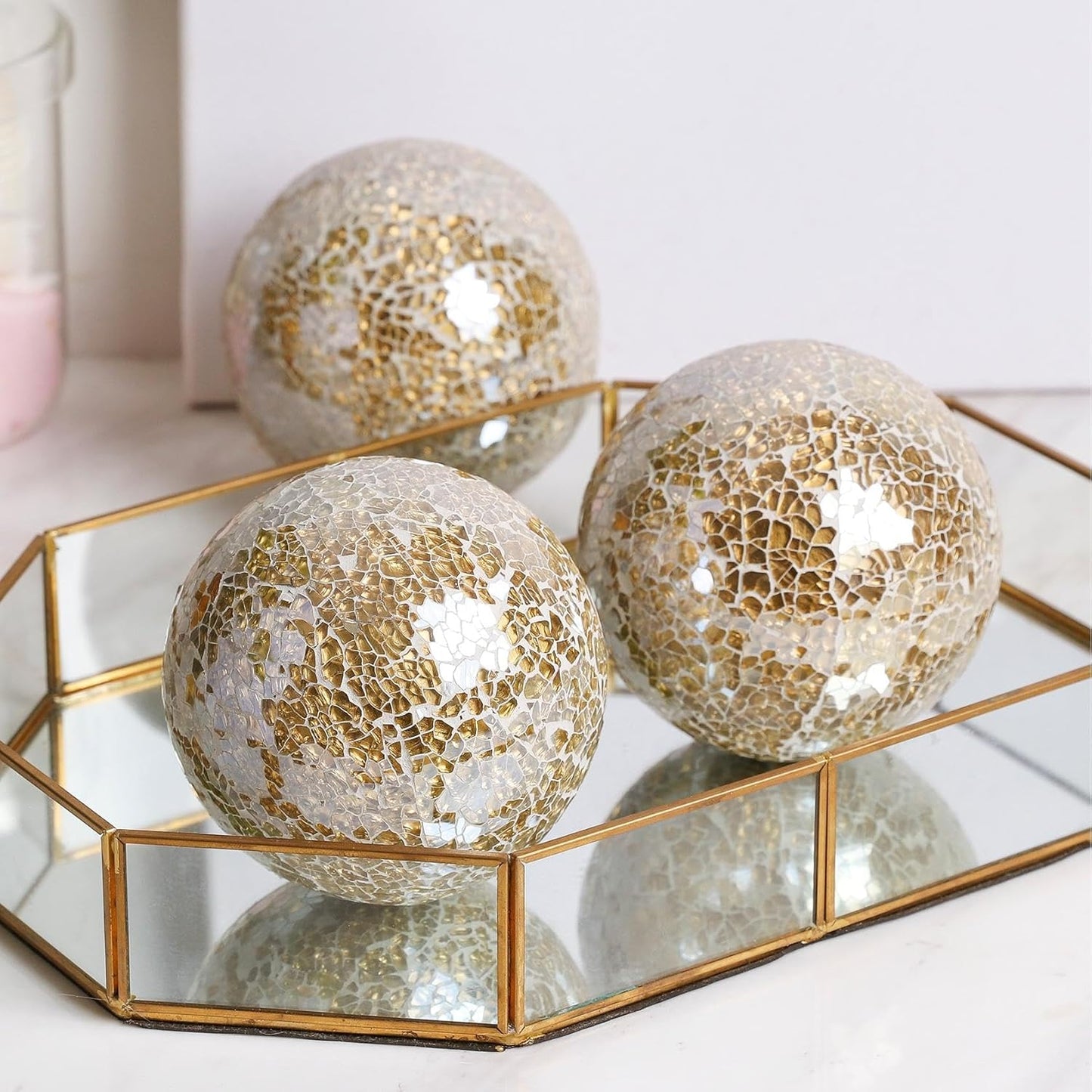Decorative Mosaic Glass Orbs, 4 Inch Diameter, Set of 3 Sphere Balls, Rose Gold (Gold)
