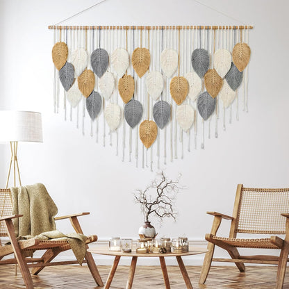 KHOYIME Large Macrame Wall Hanging Boho Woven Tapestry, Chic Home Decor Modern Bohemian Handmade Leaf Feather Wall Art Decorations for Apartment Dorm Living Room Bedroom Nursery Backdrop 39"W X 29.5"L