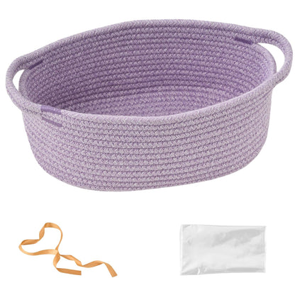 Small Woven Gift Basket Empty with Bag & Ribbon - Gifts for Mom, Baby Shower, Birthdays & Raffle - Cotton Rope Storage Basket for Dog Toys or Shelf - 12"x8"x5", White