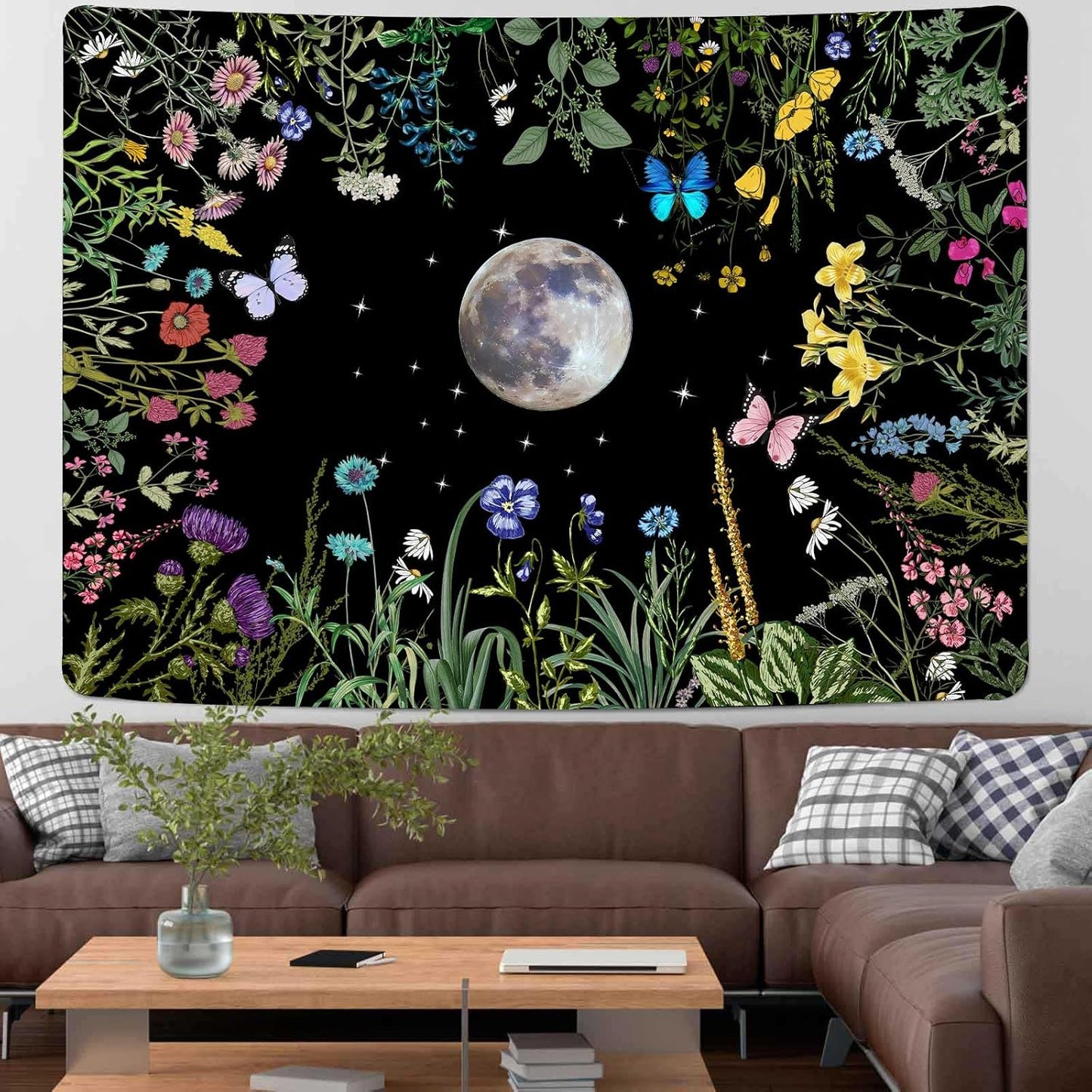 TPMDFC Moon Garden Tapestry, 80x60inch, Boho Moon Floral Tapestry for Bedroom Nature Flowers Plants Tapestries Wall Hanging for Living Room Dorm