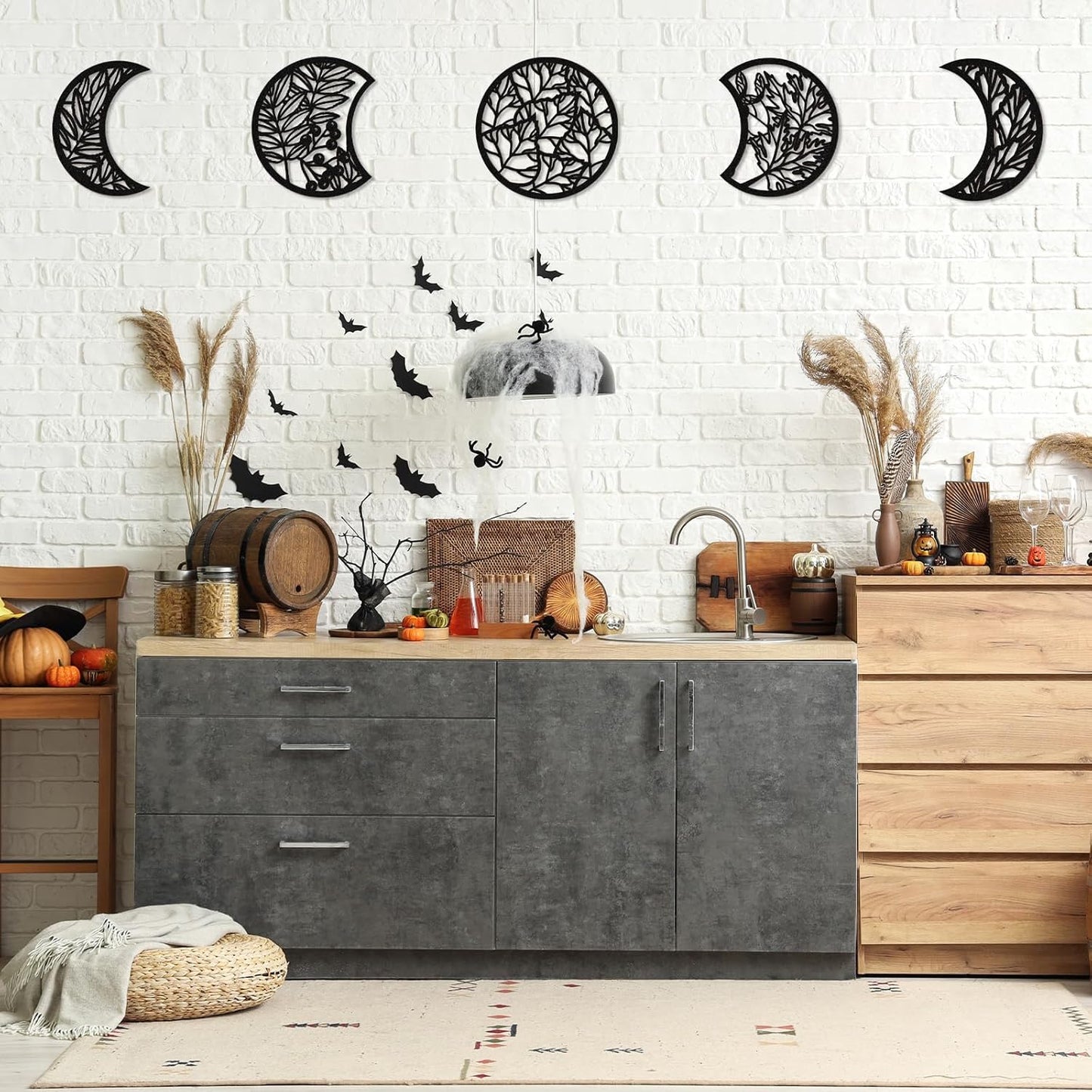Jetec 5 Pcs Moon Phase Wall Art Decor Wall Pediments Hanging Wooden Phase Spiritual Bedroom Nordic Boho Lunar Aesthetic Art for Living Room Dorm Apartment Ornament(Brown,10.6 Inch,Botanical)