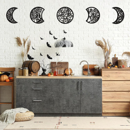 Jetec 5 Pcs Moon Phase Wall Art Decor Wall Pediments Hanging Wooden Phase Spiritual Bedroom Nordic Boho Lunar Aesthetic Art for Living Room Dorm Apartment Ornament(Brown,10.6 Inch,Botanical)
