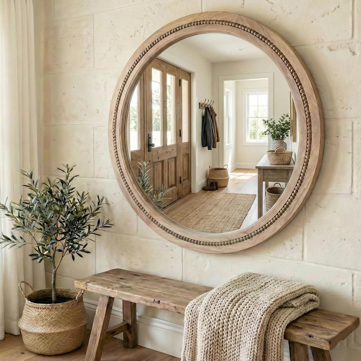 30" Round Solid Wood Mirror for Bathroom Vanity, Handcrafted Beaded Circle Wall Mirror - Natural Boho Farmhouse Decor for Entryway & Bedroom