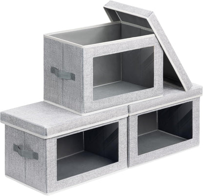 Homsorout Storage Bins with Lids - Fabric Closet Storage Bins with Window, Collapsible Baskets for Shelves 4 Pack, Home Decorative Boxes for Clothes, Closet, Office, Grey