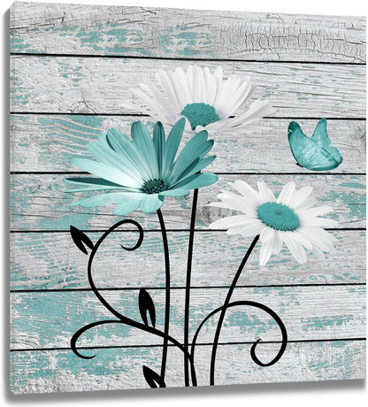 HVEST Farmhouse Floral Wall Art for Living Room, Blue and White Daisy Flower and Butterfly on Rustic Wood Board Canvas Wall Art Framed Artwork Ready to Hang for Bathroom Bedroom Decor, 16L X 12W