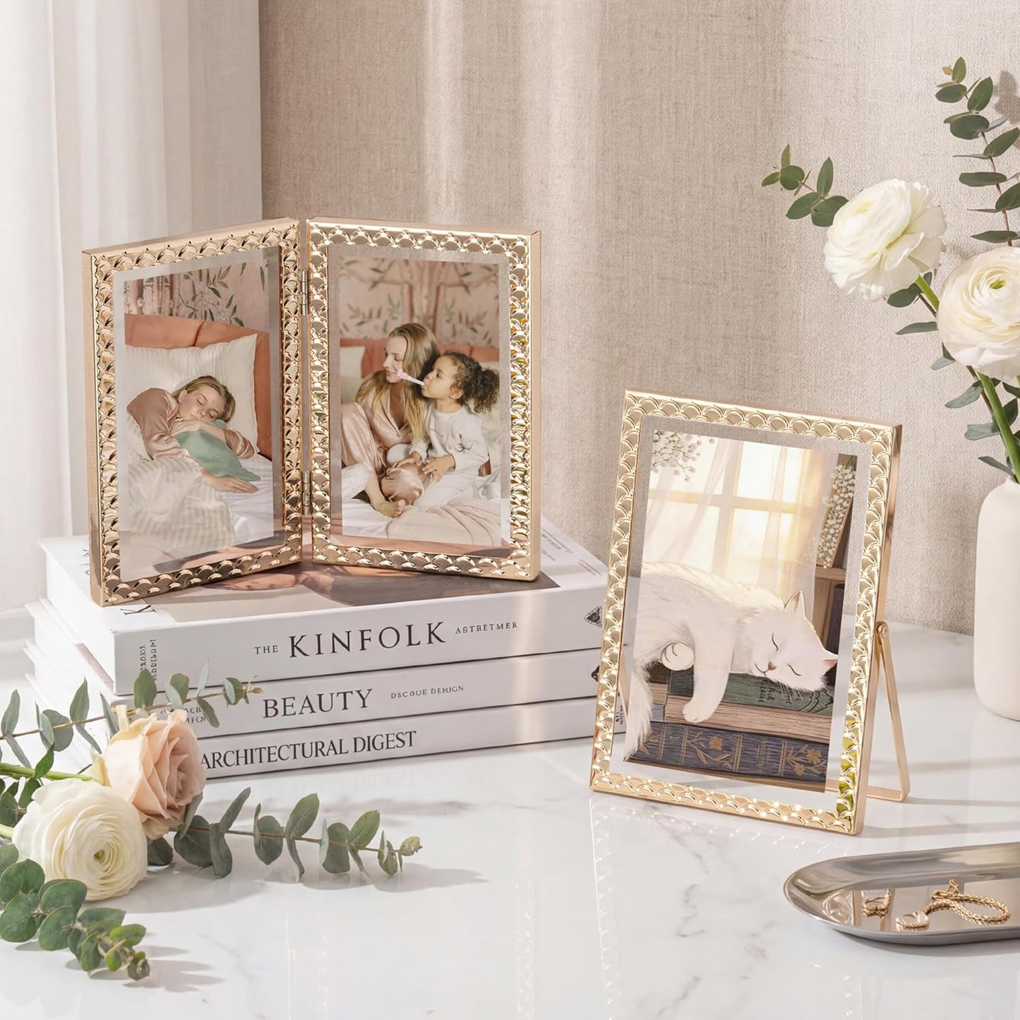 RICHFOCUS Gold 5x7 Floating Picture Frame for Photo 4x6 3.5x5 | 5 x 7 Metal Picture Frames with Double Glass for Tabletop|Modern Photo Frames Wedding|Home Decor