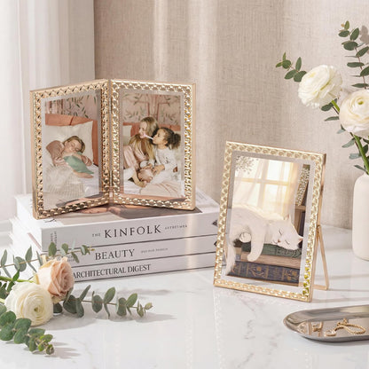 RICHFOCUS Gold 5x7 Floating Picture Frame for Photo 4x6 3.5x5 | 5 x 7 Metal Picture Frames with Double Glass for Tabletop|Modern Photo Frames Wedding|Home Decor