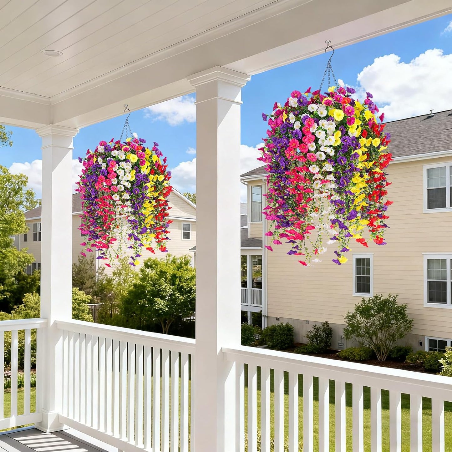 INXUGAO Artificial Flowers with Hanging Basket, Outdoor Faux Plants Silk Morning Glory Vines, Fake Green Arrangement for Garden Patio Spring Summer Decor(4pcs,Darkorchid)
