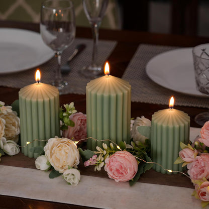 3 Pack White Ribbed Pillar Candles - Soy Wax Unscented, 2.76" x4.2/4.9/5.9 in Smokeless Non Toxic Cotton Wick, Aesthetic Modern Candles for Home Decor, Dinner Table, Living Room, Housewarming Gift