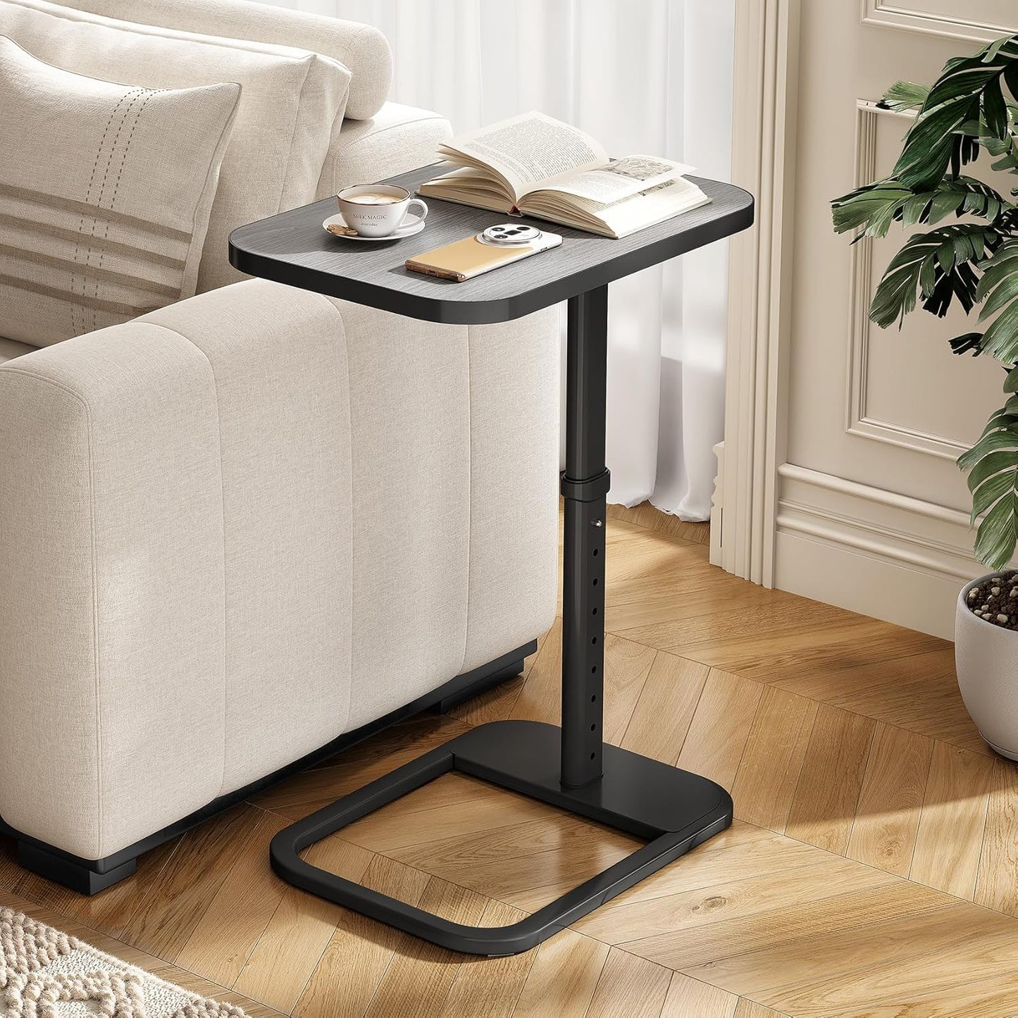 Kitstorack TV Tray Table, Adjustable Height & Flip-Top & Rounded Metal Corners, Snack Table for Couch, Sofa, Bed, Chair, Living Room, C Shaped End Side Table for Eating, Dinner or Laptop, Small Spaces