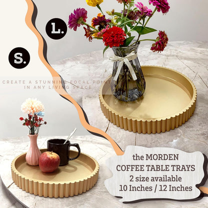 Modern Table Round Decorative Trays 2pcs Home Decor - Circle Coffee Table Centerpiece Set 12"/10" - Wooden Cool Grey Ottoman Tray with Fluted Edge