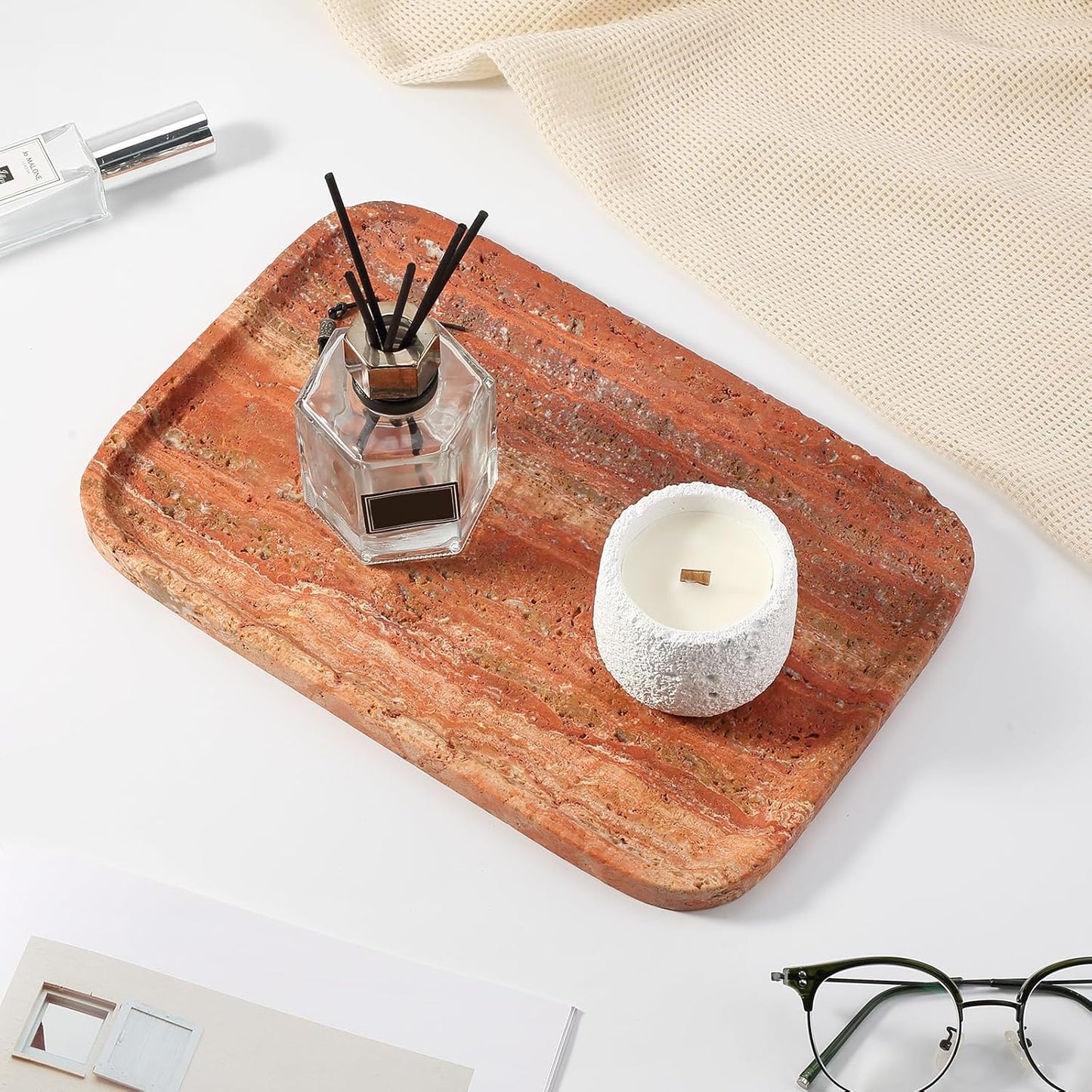 Koville Romano Travertine Tray, 12"x8" Natural Stone Vanity Tray for Countertop Bathroom Kitchen Dresser, Decorative Marble Catchall Trays for Perfume Jewelry, Rectangular Serving Tray(Beige)