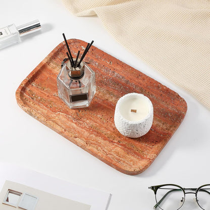 Koville Romano Travertine Tray, 12"x8" Natural Stone Vanity Tray for Countertop Bathroom Kitchen Dresser, Decorative Marble Catchall Trays for Perfume Jewelry, Rectangular Serving Tray(Beige)