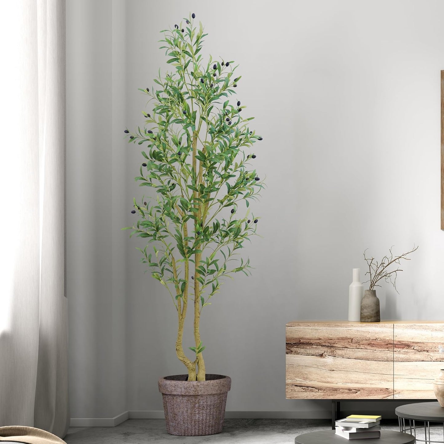 HZXGCP 6ft Artificial Olive Tree Indoor, Fake Olive Tree with White Pot, Faux Olive Tree with Dense Leaves & Realistic Fruits, Tall Artificial Plant for Home Living Room Office Entryway Decor