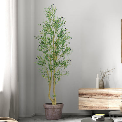 HZXGCP 6ft Artificial Olive Tree Indoor, Fake Olive Tree with White Pot, Faux Olive Tree with Dense Leaves & Realistic Fruits, Tall Artificial Plant for Home Living Room Office Entryway Decor