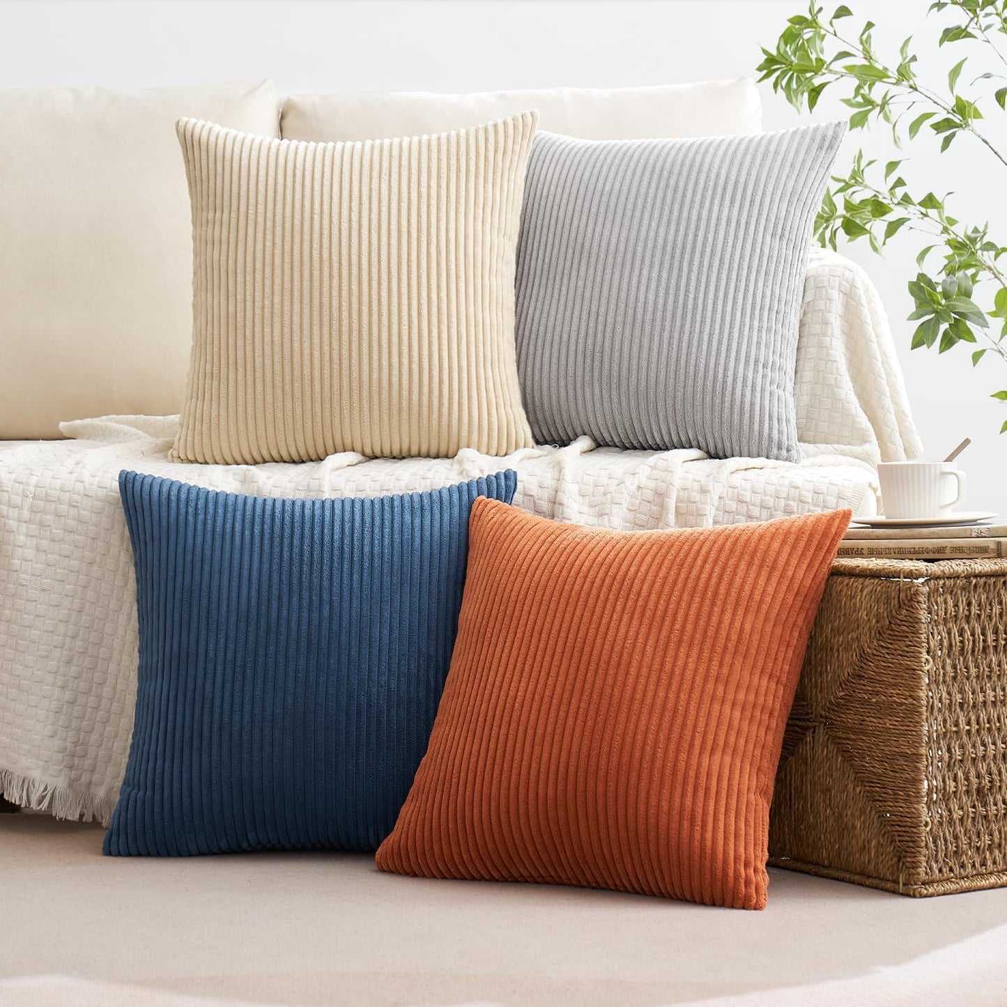 MIULEE Boho Farmhouse Sage Green Throw Pillow Covers 18x18 Inch Set of 4 Mordern Nordic Cushion Covers Soft Corduroy Spring Home Decor for Couch Bed Sofa Living Room Forest Green
