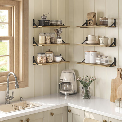 YGEOMER Brown Floating Shelves for Wall, 16.5 Inch Farmhouse Wall Shelves for Bedroom, Bathroom Storage, Living Room and Kitchen Decor (Set of 6 Brown)