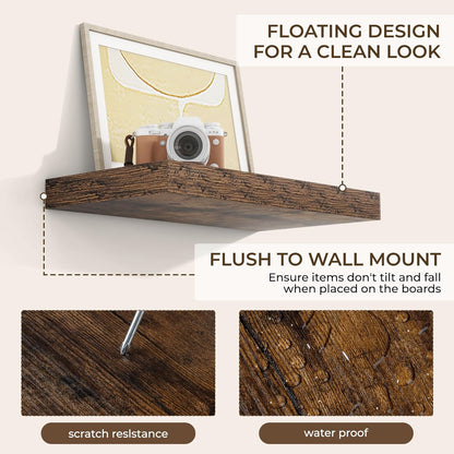RICHFOCUS 72Inch Floating Shelves for Wall 2 Pack Shelves for Bedroom|Kitchen|Bathroom Wall Mounted Rustic Wood Floating Shelf with Invisible Brackets for Books|Storage|Decor, Rustic Brown