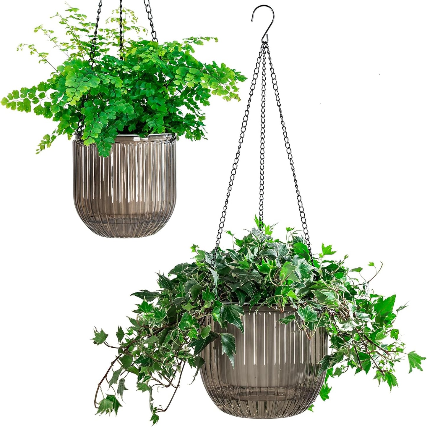 Melphoe 2 Pack Self Watering Hanging Planters Indoor Flower Pots, 6.5 Inch Outdoor Hanging Basket, Plant Hanger with 3Hooks Drainage Holes for Garden Home (Emerald)