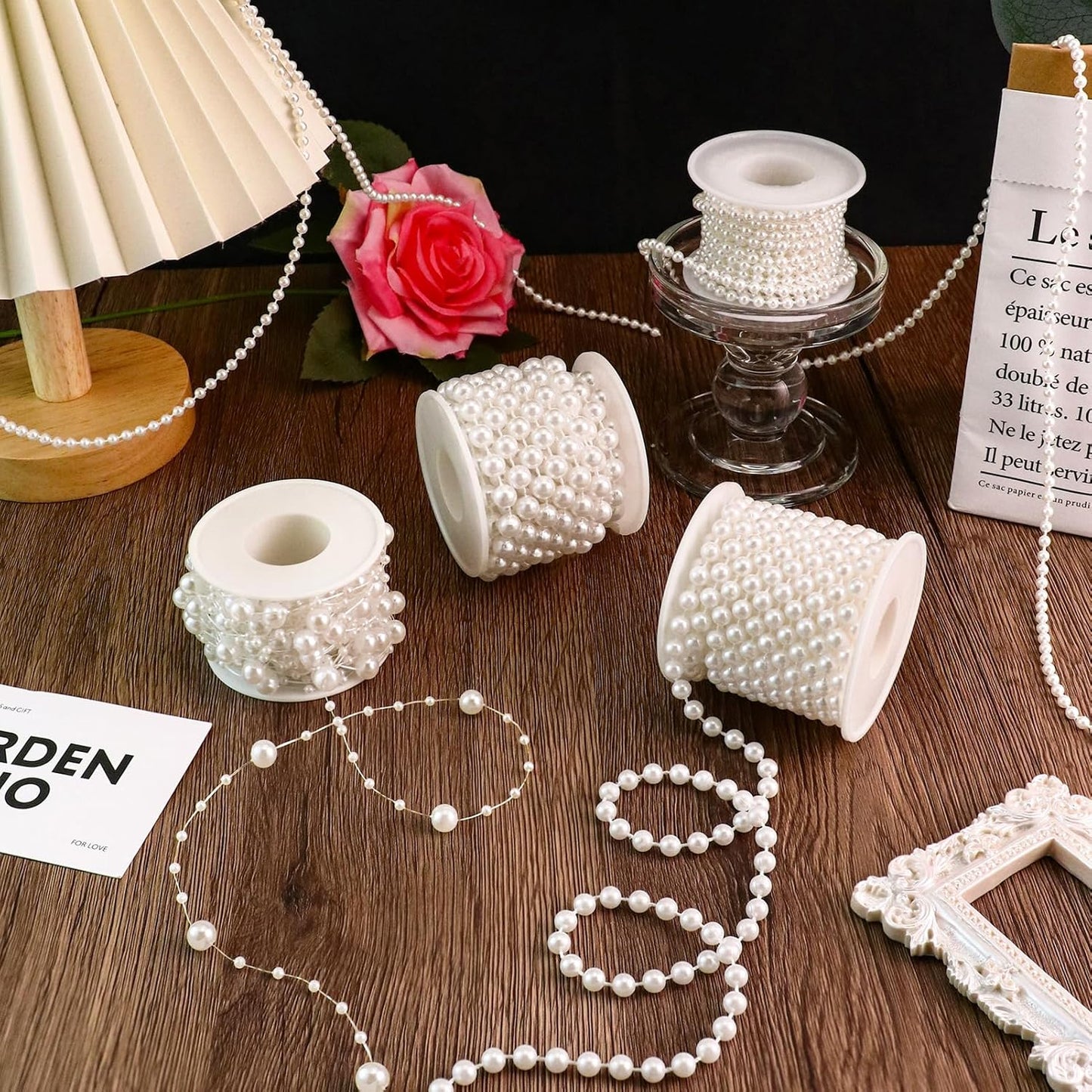 4 Rolls 76 Feet Pearls String Garland, Faux Pearl Beads Roll Strand for Crafts, Artificial Pearls Chain Trim for Wedding Party Flower Valentine Christmas Decoration, 4mm 6mm 8mm 8+3mm, Ivory
