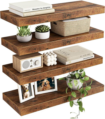Fixwal Black Floating Shelves for Wall, Rustic Wood Shelves for Bathroom, Living Room, Bedroom and Kitchen, Wall Shelves for Storage, Books, Room Decor (Set of 4, 15.8 Inch)