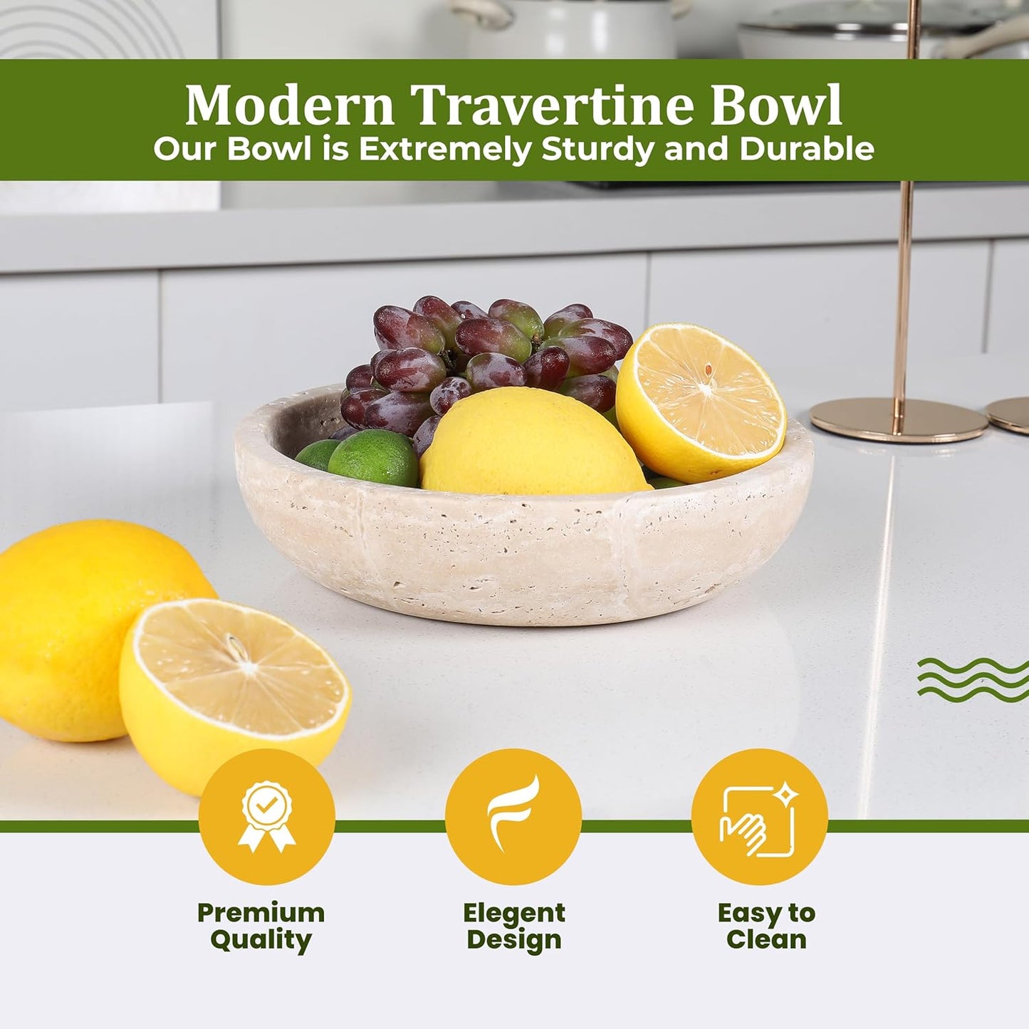 FNTSTICGOODS Travertine Decorative Bowl - 7.8” Diameter & 2” Height - Key Bowl for Entryway Table - Organic Modern Centerpiece - White/Gray