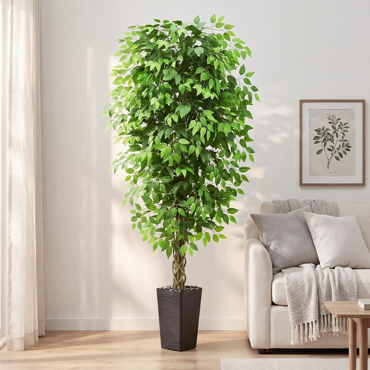 Artificial Ficus Tree 6FT Faux Plants Indoor Tall Fake Plants with White Planter, Green Lifelike Lush Fake Ficus Tree for Home Living Room Bedroom Outdoor Balcony House Office Decor