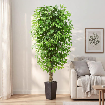Artificial Ficus Tree 6FT Faux Plants Indoor Tall Fake Plants with White Planter, Green Lifelike Lush Fake Ficus Tree for Home Living Room Bedroom Outdoor Balcony House Office Decor