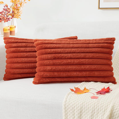Pallene Faux Fur Plush Throw Pillow Covers 18x18 Set of 2, Luxury Soft Fluffy Striped Decorative Pillow Covers for Sofa, Couch, Living Room, Cream White
