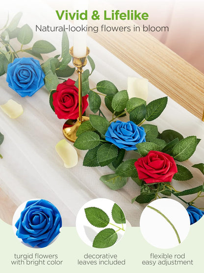 InnoGear Artificial Flowers, 50 Pcs Dark Red Foam Fake Roses Bulk with Stems for Mother's Gift Decoration Celebration DIY Wedding Bouquets Centerpieces Bridal Shower Party Christmas Tree