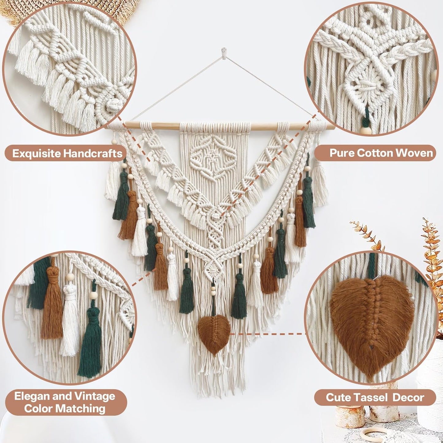 Lokeisna Macrame Wall Hanging, Woven Tapestry Beige & Dusty Rose Handmade Craft Macrame Wall Decor, Gallery & Nursery, Size 37.4” Lx27.5” W