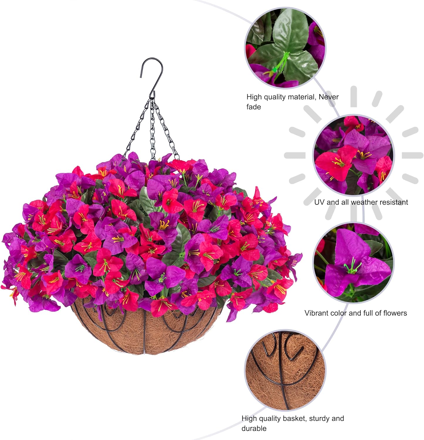 Artificial Hanging Flowers Faux Plants Basket for Outdoors Spring Summer Decor, Fake Silk Bougainvillea in Planter Outdoor Look Real UV Resistant Faux Flower for Outside Porch Patio Garden Home, White